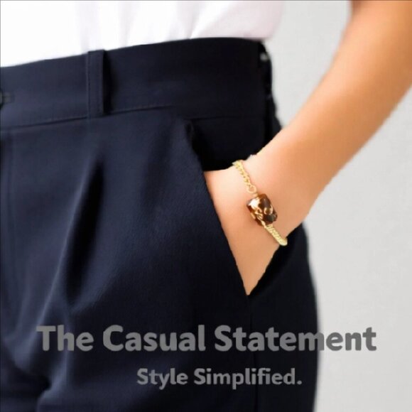 Minimalist Simplistic Elegant: Cream & Brown Fire Agate + Gold Chain Bracelet - Picture 6 of 15